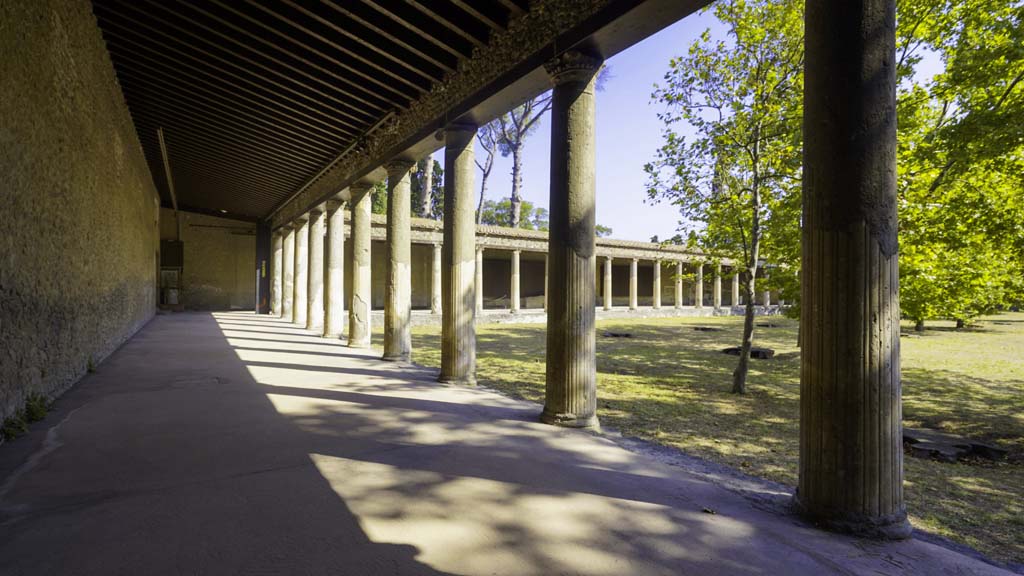 II.7.8 Pompeii. Palaestra. August 2021. 
Looking north along west portico, towards entrance in corner, on left. Photo courtesy of Robert Hanson.
