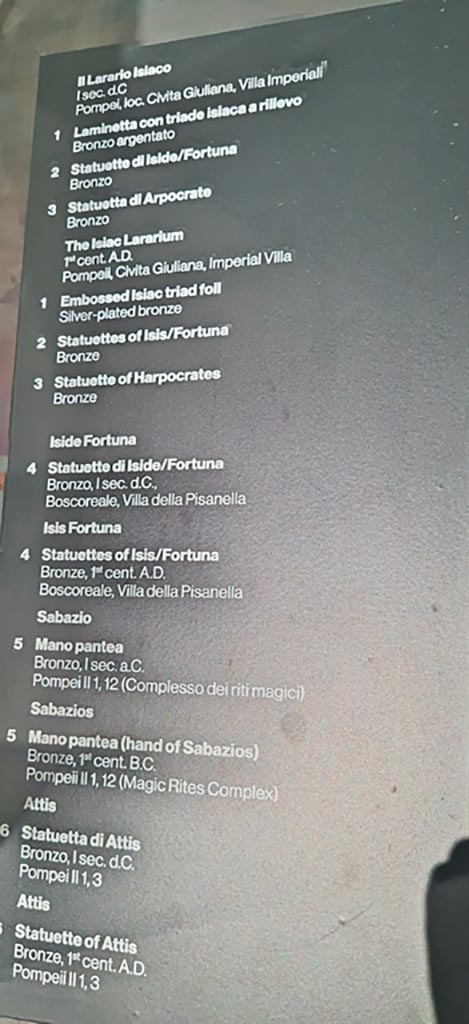 II.7.9 Pompeii. Palaestra. March 2024.
Information card of items in display cabinet. Photo courtesy of Giuseppe Ciaramella.