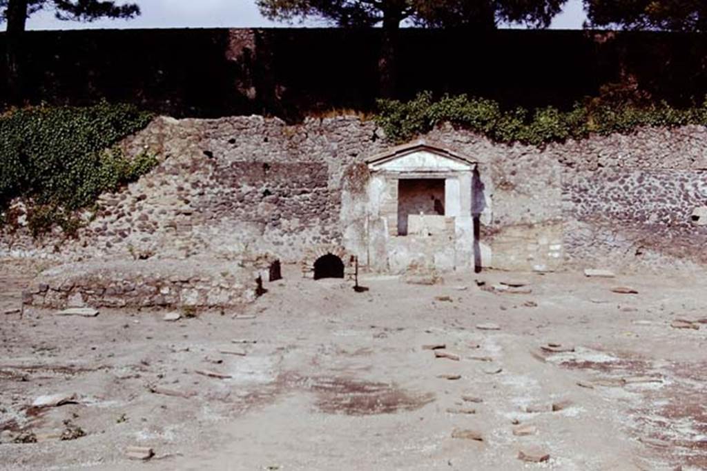 II.8.6 Pompeii, 1973. Looking east across rows of root cuttings towards triclinium, remodelled dog-kennel and shrine. Photo by Stanley A. Jashemski. 
Source: The Wilhelmina and Stanley A. Jashemski archive in the University of Maryland Library, Special Collections (See collection page) and made available under the Creative Commons Attribution-Non Commercial License v.4. See Licence and use details. J73f0624

