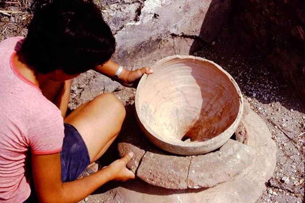 II.8.6 Pompeii. 1974. Water would have been collected into the dolium, by using a pot with its end broken off as a type of funnel. Photo by Stanley A. Jashemski.   
Source: The Wilhelmina and Stanley A. Jashemski archive in the University of Maryland Library, Special Collections (See collection page) and made available under the Creative Commons Attribution-Non Commercial License v.4. See Licence and use details. J74f0681

