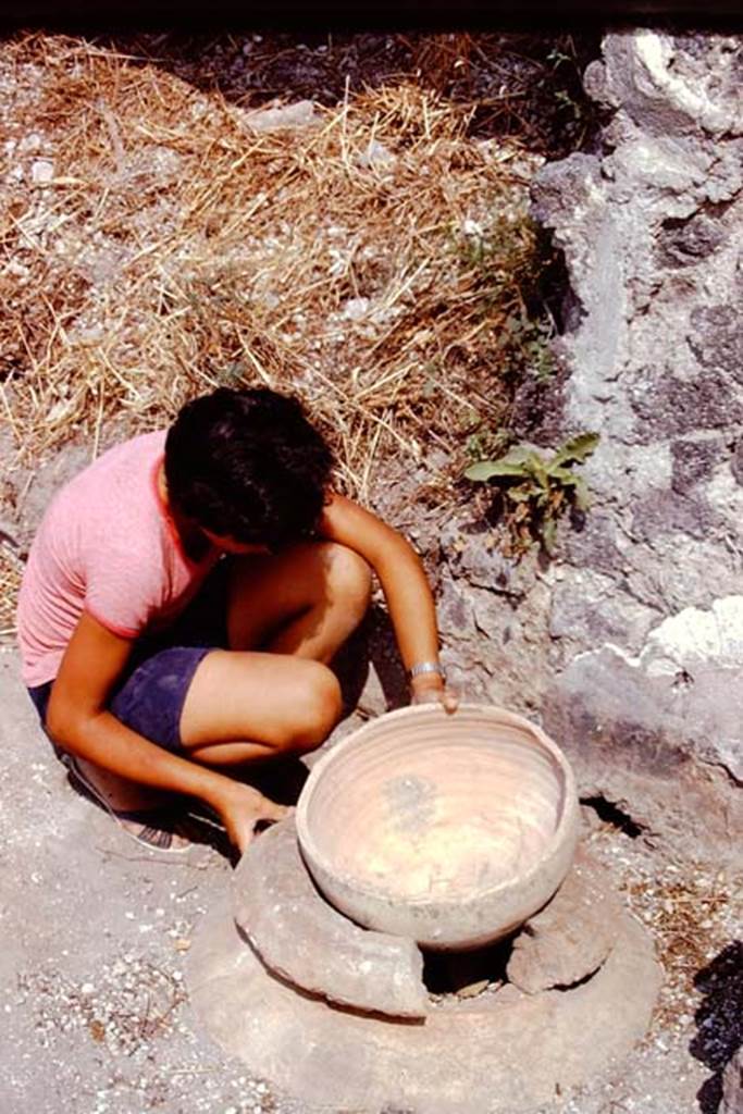 II.8.6 Pompeii. 1974. Demonstrating a type of funnel in the mouth of the buried dolium. Photo by Stanley A. Jashemski.   
Source: The Wilhelmina and Stanley A. Jashemski archive in the University of Maryland Library, Special Collections (See collection page) and made available under the Creative Commons Attribution-Non Commercial License v.4. See Licence and use details. J74f0682
