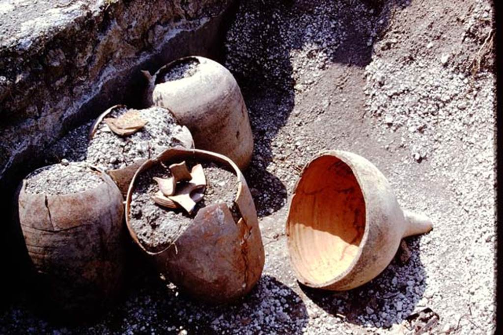 II.8.6 Pompeii. 1973. Pots and a type of funnel. Photo by Stanley A. Jashemski. 
Source: The Wilhelmina and Stanley A. Jashemski archive in the University of Maryland Library, Special Collections (See collection page) and made available under the Creative Commons Attribution-Non Commercial License v.4. See Licence and use details. J73f0803

