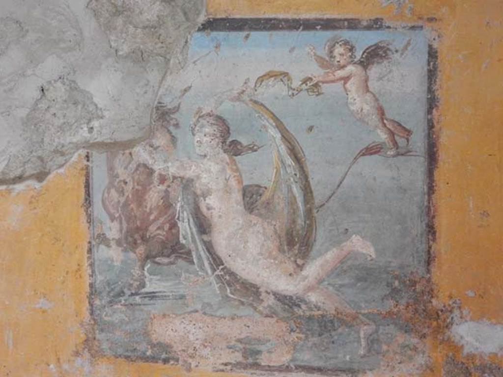 II.9.4, Pompeii. May 2018. Room 8, central wall painting from west wall of Europa and the Bull.
Photo courtesy of Buzz Ferebee. 
