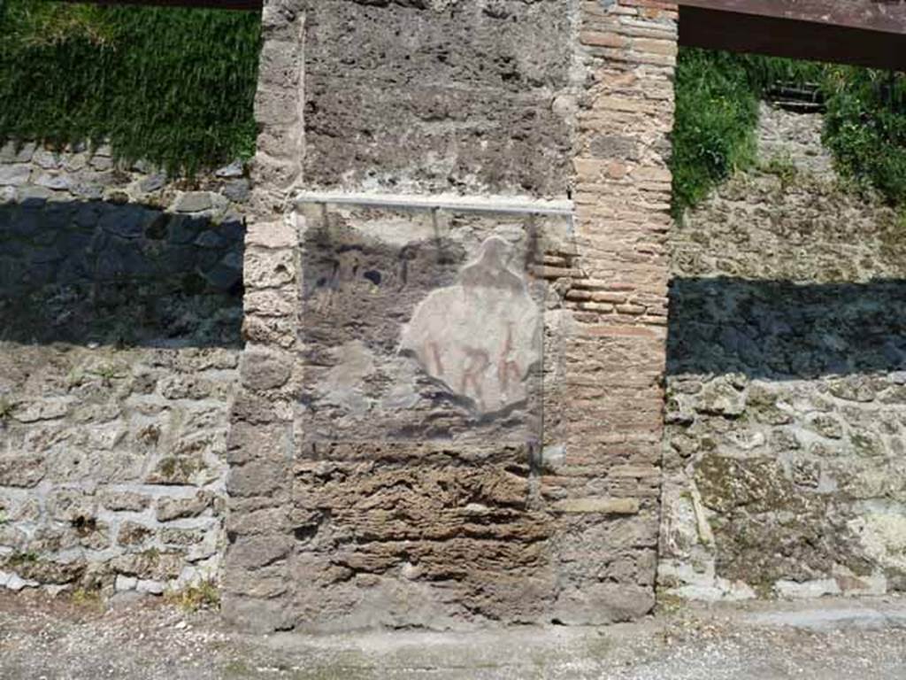 III.1.1 Pompeii. May 2010. Pilaster between III.1.1 and III.1.2, with the remains of painted graffiti. According to Varone and Stefani, found at the top of the pilaster and in the centre, were –

Helvium Sabinum
aed(ilem) o(ro) v(os) f(aciatis)    [CIL IV 7593]

Licinium aed(ilem) o(ro) v(os) f(aciatis)
d(ignum) r(ei) p(ublicae)    [CIL IV 7594]

These are no longer conserved. Underneath them were the remains of CIL IV 7121 and CIL IV 7122, see below.
See Varone, A. and Stefani, G., 2009. Titulorum Pictorum Pompeianorum, Rome: L’erma di Bretschneider, (p.229-231, incl: photos)
See Epigraphik-Datenbank Clauss/Slaby (See www.manfredclauss.de)
