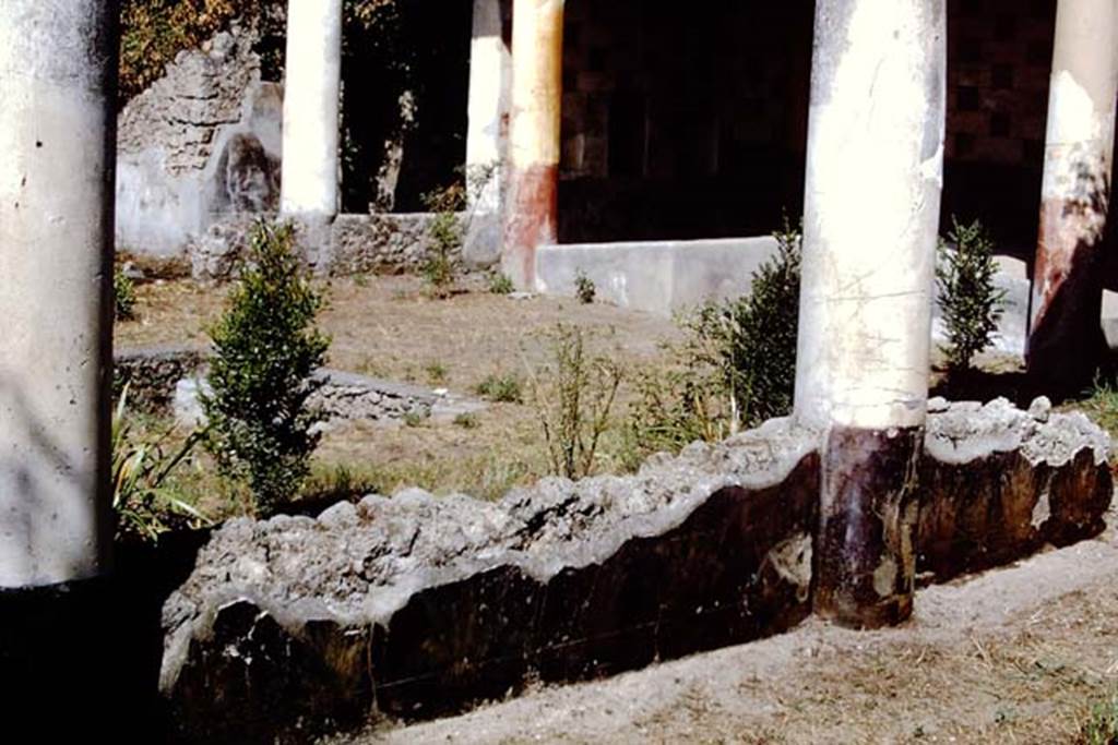 III.2.1 Pompeii. 1968. Looking north-west from east portico. Photo by Stanley A. Jashemski.
Source: The Wilhelmina and Stanley A. Jashemski archive in the University of Maryland Library, Special Collections (See collection page) and made available under the Creative Commons Attribution-Non Commercial License v.4. See Licence and use details.
J68f1744
According to Wilhelmina, the low wall built between the eight stuccoed columns (which were white stuccoed above the wall, and black stuccoed below) was also painted black and decorated with clumps of plants.
See Jashemski, W. F., 1993. The Gardens of Pompeii, Volume II: Appendices. New York: Caratzas. (p.99)

