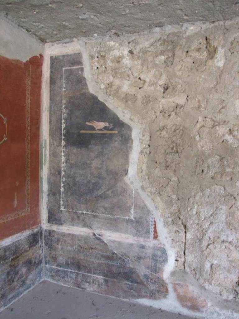 III.4.3  Pompeii.  March 2009. Room 3.  Triclinium.   Remains of painted panel on west wall in south west corner.  The area in the centre was partially demolished by the 1943 bombing and one of the central panels, with the third of the famous sayings, was lost.  
Lascivos voltus et blandos aufer ocellos
Coniuge ab alterius : sit tibi in ore pudor.
See Della Corte, M., 1965.  Case ed Abitanti di Pompei. Napoli: Fausto Fiorentino. (p.361. CIL IV 7698a-c)