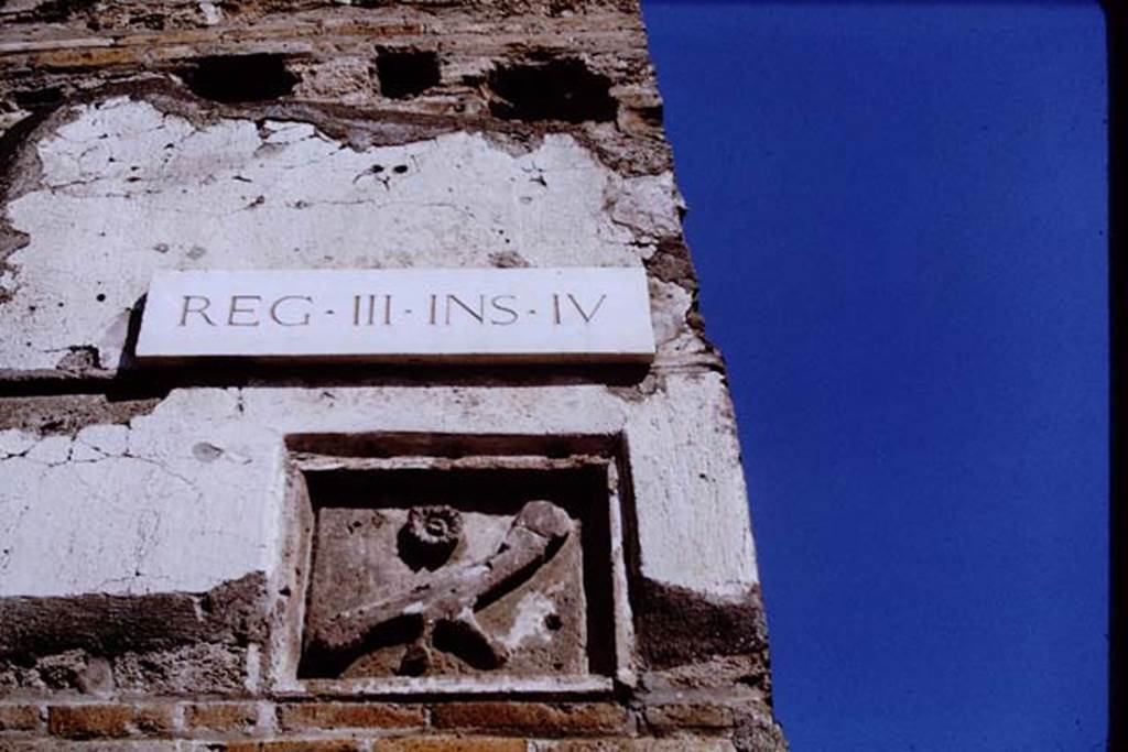 III.4.3 Pompeii, 1968.  Plaque on east end of insula, in south-east corner.  Photo by Stanley A. Jashemski.
Source: The Wilhelmina and Stanley A. Jashemski archive in the University of Maryland Library, Special Collections (See collection page) and made available under the Creative Commons Attribution-Non Commercial License v.4. See Licence and use details.
J68f0333
