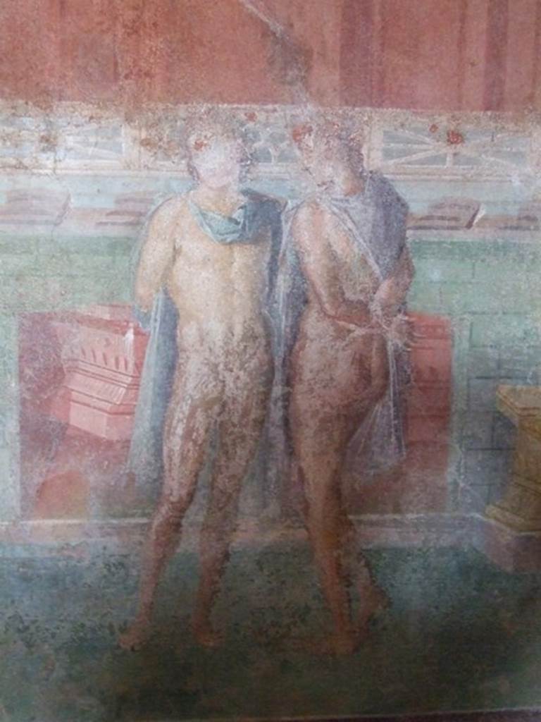 III.4.b. Pompeii.  March 2009. Room 3.  Oecus.  North wall.  Detail of Orestes and Pylades, prisoners with bound hands.