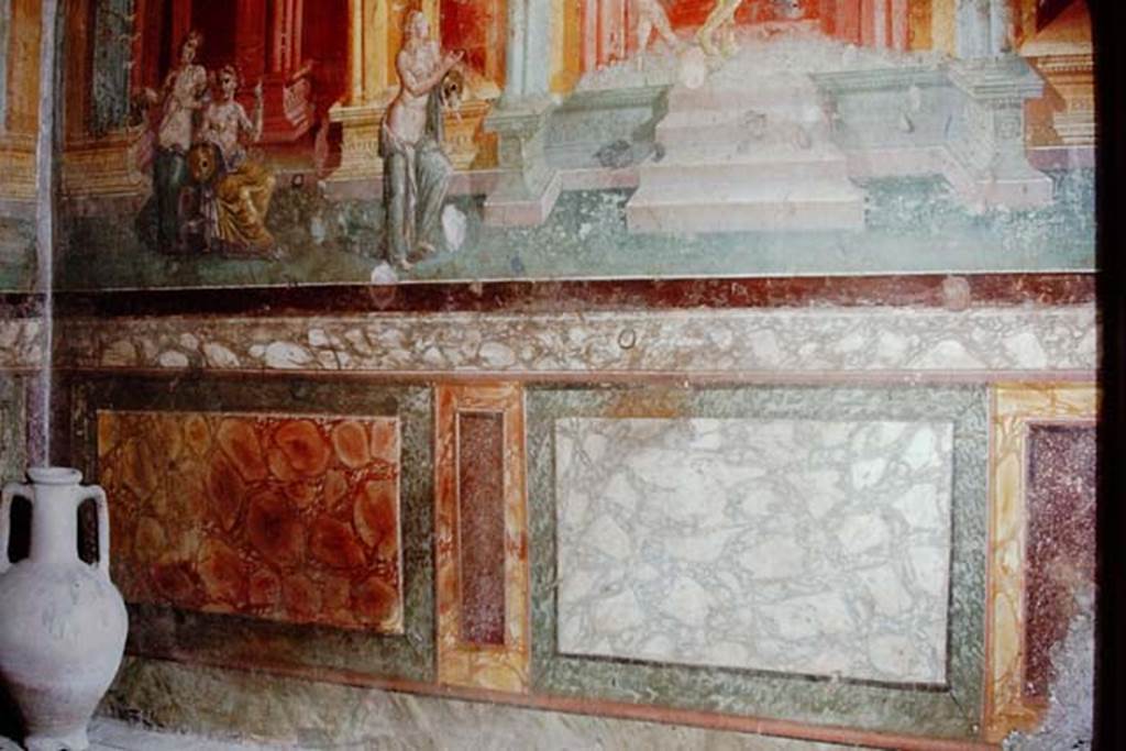 III.4.b Pompeii. 1968. Room 3, zoccolo of east wall of oecus. 
Photo by Stanley A. Jashemski.
Source: The Wilhelmina and Stanley A. Jashemski archive in the University of Maryland Library, Special Collections (See collection page) and made available under the Creative Commons Attribution-Non Commercial License v.4. See Licence and use details.
J68f0344
