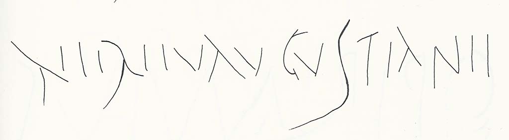 III.4.c Pompeii. 2nd May 1961. Drawing of the inscription found on the left of the entrance, on the zoccolo in red

A sinistra entrando, sullo zoccolo in rosso:

NIIRIIV AVGVSTIANII         [Giordano and Casale no. 105]

See Giordano, C. & Casale, A. Iscrizioni Pompeiane Inedite scoperte tra gli anni 1954-1978: Atti Acc Pont NsS 39, 1990 (1991), p. 298, p. 307, no. 105.
