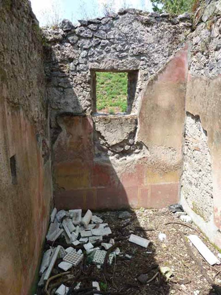 III.8.4 Pompeii, May 2010.  North wall of small room, with remains of painted plaster.