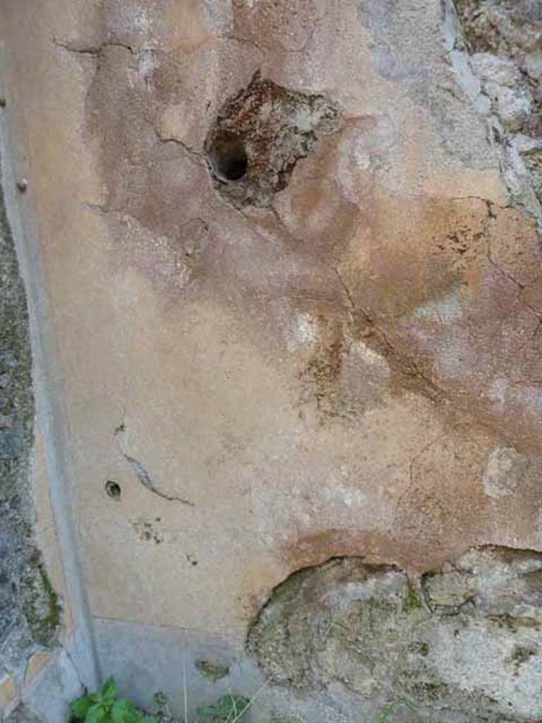 III.8.8 Pompeii. May 2010. Remains of painted plaster on south wall. According to Sogliano, another painted flying griffin was seen in the first panel on the left of the south wall.
The south wall also had a doorway leading to at least two other rooms, which were not yet excavated. See Notizie degli Scavi di Antichità, 1905, (p.274)
