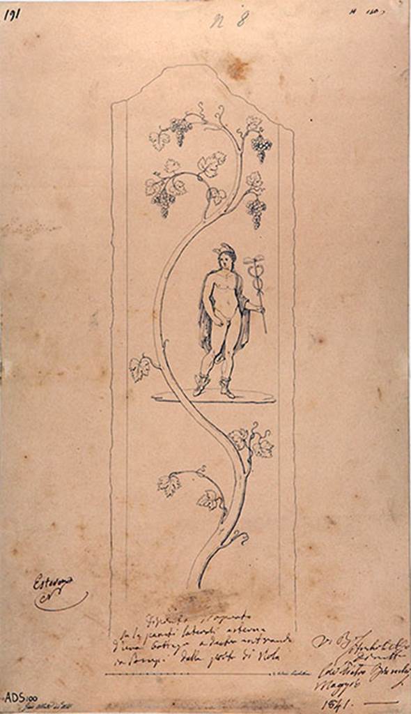 IV.1.d and IV.1.e Pompeii behind custodians shed. 1841 drawing by G. Abbate.
Drawing of painting of Mercury with petasos (hat) and winged sandals, and holding a caduceus. 
A vine runs from bottom to top of the panel.
Frhlich identified Mercury on the left of the entrance and Bacchus on the right of the entrance.
Now in Naples Archaeological Museum. Inventory number ADS 100.
See Frhlich, T., 1991. Lararien und Fassadenbilder in den Vesuvstdten. Mainz: von Zabern. (p.316, F26).
Photo  ICCD. http://www.catalogo.beniculturali.it
Utilizzabili alle condizioni della licenza Attribuzione - Non commerciale - Condividi allo stesso modo 2.5 Italia (CC BY-NC-SA 2.5 IT)

