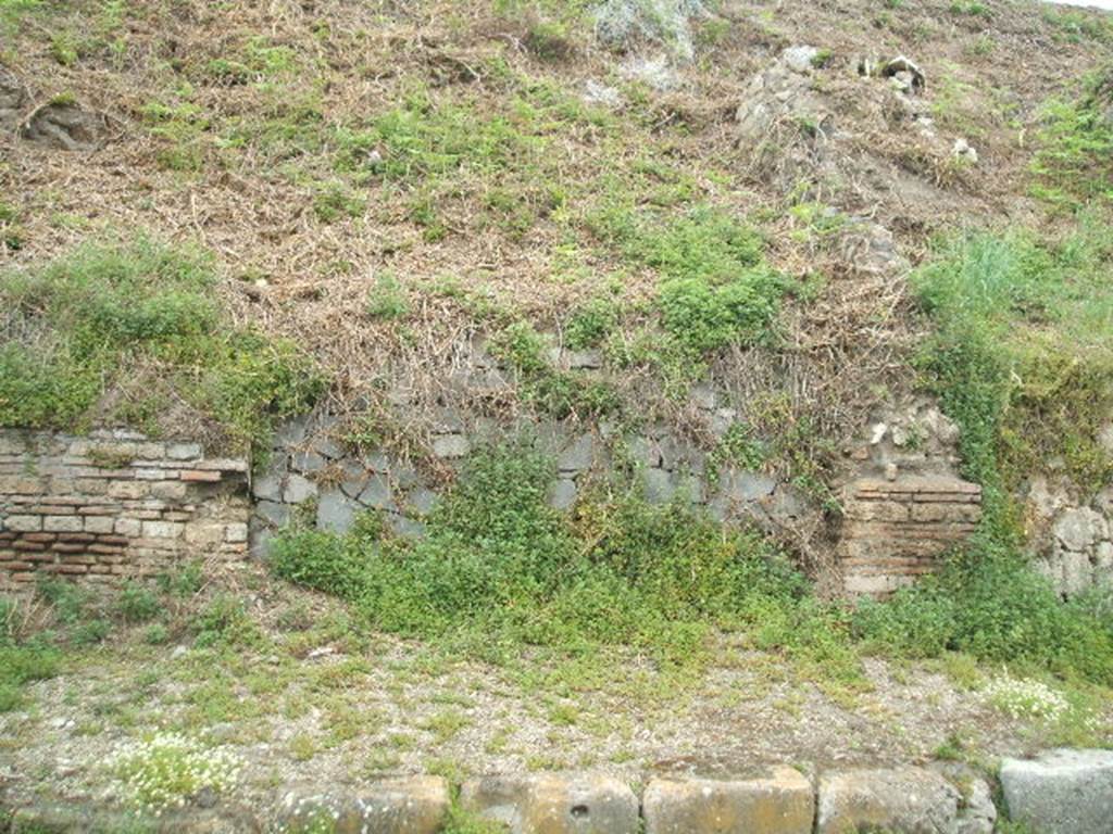 IV.1.g  Pompeii. May 2005.  Entrance.

The doorways that used to front onto the northern side of Via Nola, forming Regio IV, have now been filled in as a wall to keep the earth bank back from the road.  It is very difficult to find the exact position of these doorways and link them to any site plan.
