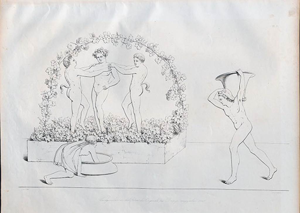 IV.2.d Pompeii. 1841 drawing by G. Abbate of lararium painting by entrance.
According to Liselotte Eschebach, there was a Lararium painting here.
She suggested this may possibly be F23 identified by Fröhlich as from Regio IV.
According to Fröhlich, the picture F23 was similar to this one (F22) but differs from it in the following points:
The Satyrs hold hands, two are seen from the front, one from behind. 
The tub has on one narrow side a spout in the form of a lion's head, from which the wine emerges and flows into a large buried dolium, which a young man in a short tunic is tending to. 
On the left below, a figure in a long robe makes a sacrifice on a round altar, probably the genius.
See Fröhlich, T., 1991. Lararien und Fassadenbilder in den Vesuvstädten. Mainz: von Zabern. (p.315, F23).
See Eschebach, L., 1993. Gebäudeverzeichnis und Stadtplan der antiken Stadt Pompeji. Köln: Böhlau. (p.117-8, IV.2.4).
See Zahn, W., 1852. Die schönsten Ornamente und merkwürdigsten Gemälde aus Pompeji, Herkulanum und Stabiae: III. Berlin: Reimer, Taf. 13. 
See Helbig, W., 1868. Wandgemälde der vom Vesuv verschütteten Städte Campaniens. Leipzig: Breitkopf und Härtel, no. 439.
