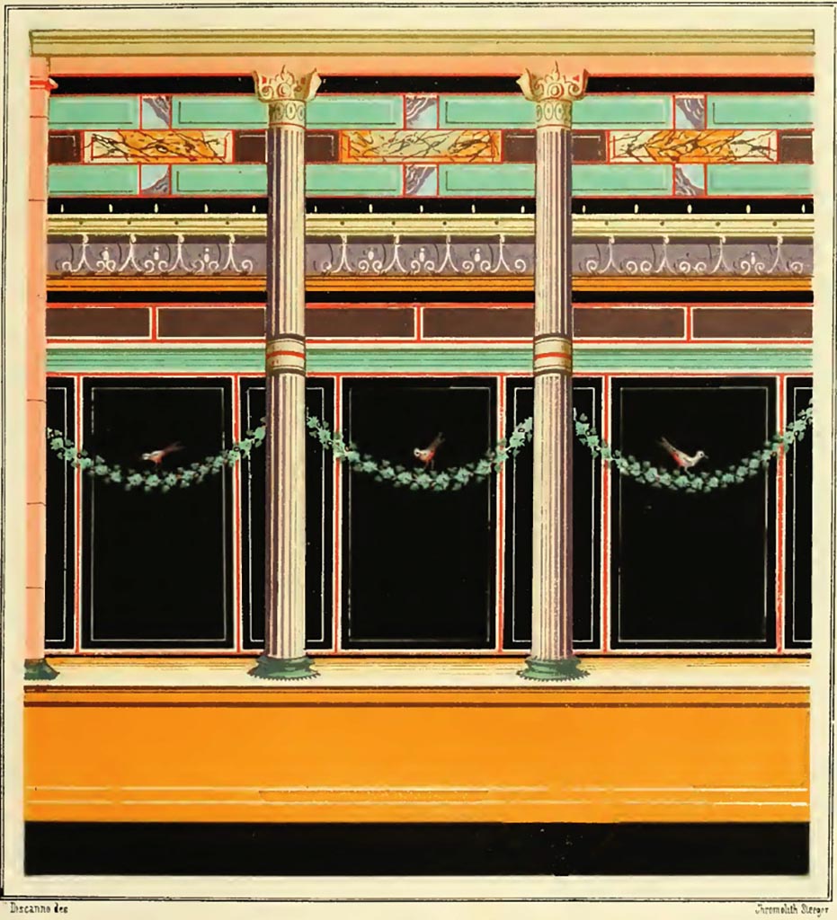 V.1.18 Pompeii. Triclinium “m”. 1882 painting of wall decoration.
Large rear room or triclinium “m”, at end of corridor leading north from peristyle. 
See Presuhn E., 1882. Pompeji: Die Neuesten Ausgrabungen von 1874 bis 1881. Leipzig: Weigel. Abtheilung II, Taf X.
