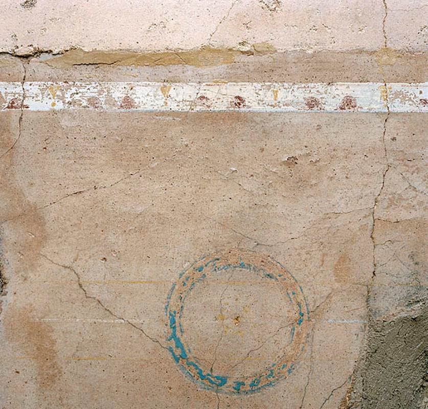 V.1.18 Pompeii. 2012.  
Room “p”, oecus, detail from zoccolo (socle) on north wall. Photo by Hans Thorwid.
Photo courtesy of The Swedish Pompeii Project.
