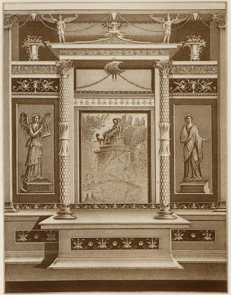 V.1.18 Pompeii. 1882 painting by A. Sikkard of east wall of exedra “y”.
See Mau, A. 1882. Geschichte der Decorativen Wandmalerei in Pompeji. Berlin: Reimer, Taf. V.
