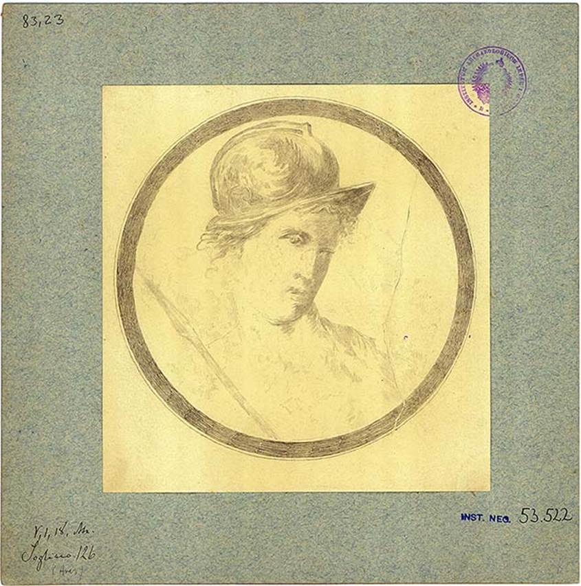 V.1.18 Pompeii. Atrium b. Drawing of medallion painting with bust of Hephaestus/Vulcan with beard .
His hair is like it has been blown in the wind. His head is covered by a pilos (felt cap).
DAIR 83.24. Photo  Deutsches Archologisches Institut, Abteilung Rom, Arkiv. 
See http://arachne.uni-koeln.de/item/marbilder/5022200 
Found on the right wall, at the centre.
See Bullettino dellInstituto di Corrispondenza Archeologica (DAIR), 1877, p. 20.
