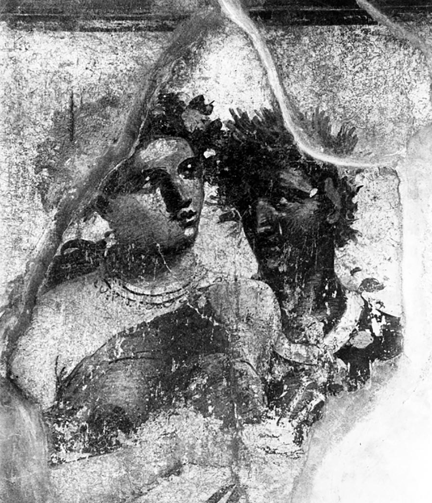 V.1.26 Pompeii. W.328. Room “i”, detail of wall painting of a Satyr and Maenad from the east end of the south wall of the tablinum.
Photo by Tatiana Warscher. Photo © Deutsches Archäologisches Institut, Abteilung Rom, Arkiv. 

