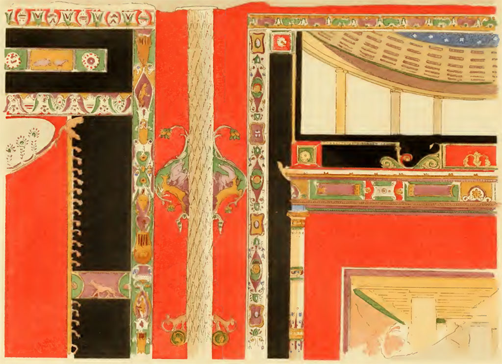 V.1.26 Pompeii. Undated painting by Pierre Gusman. Room “i”, detail from centre of south wall of tablinum.
(XI. Détails de l'un des panneaux de la maison de Jucundus. Troisième style.)
See Gusman P., 1924. La Décoration Murale de Pompei. Paris : Morancé, pl. XI.

