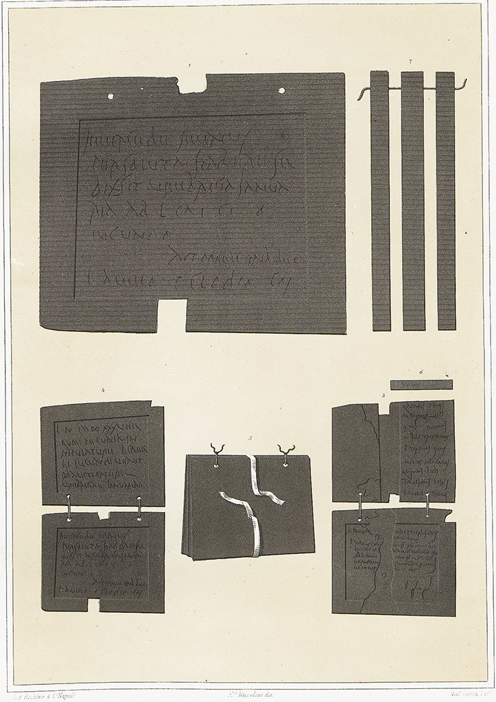 V.1.26 Pompeii. Drawing of wax tablets by Niccolini.
According to Nicolini –
“In July of 1875 these were found above the portico of the peristyle, in the space of about half a cubic metre, neatly collected, one hundred and thirty-two writing tablets (libelli), including triptychs, diptychs and single ones, engraved with a stylus on tablets coated with wax. Unique example found to date, and since described by Professor De Petra, current Director of the National Museum.” 
See Niccolini F, 1862. Le case ed i monumenti di Pompei: Volume Secondo. Napoli, Tav. LX.
