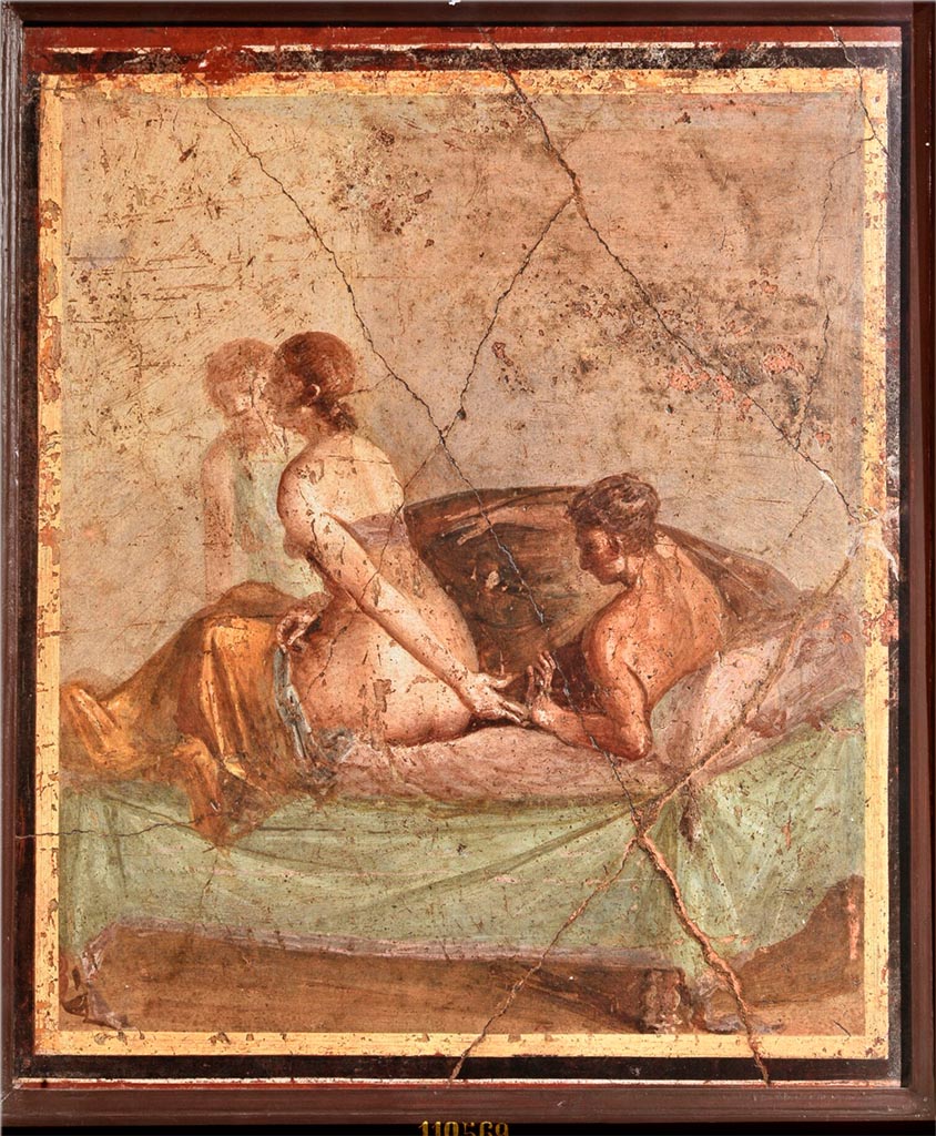 V.1.26 Pompeii. Found in peristyle L. Love scene with figure in background. 
Now in Naples Archaeological Museum. Inventory number 110569.


