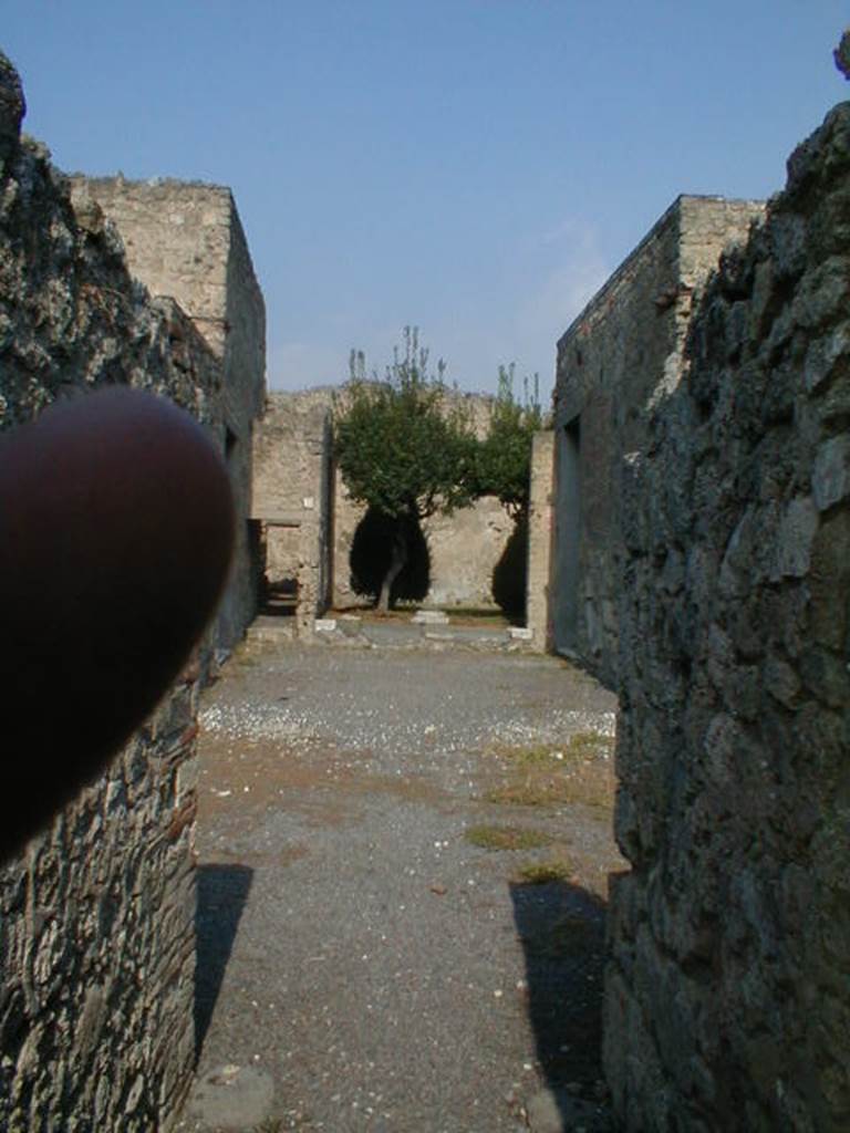 V.2.1 Pompeii. September 2004.  Looking north from the entrance fauces across the atrium and impluvium to the garden area.
