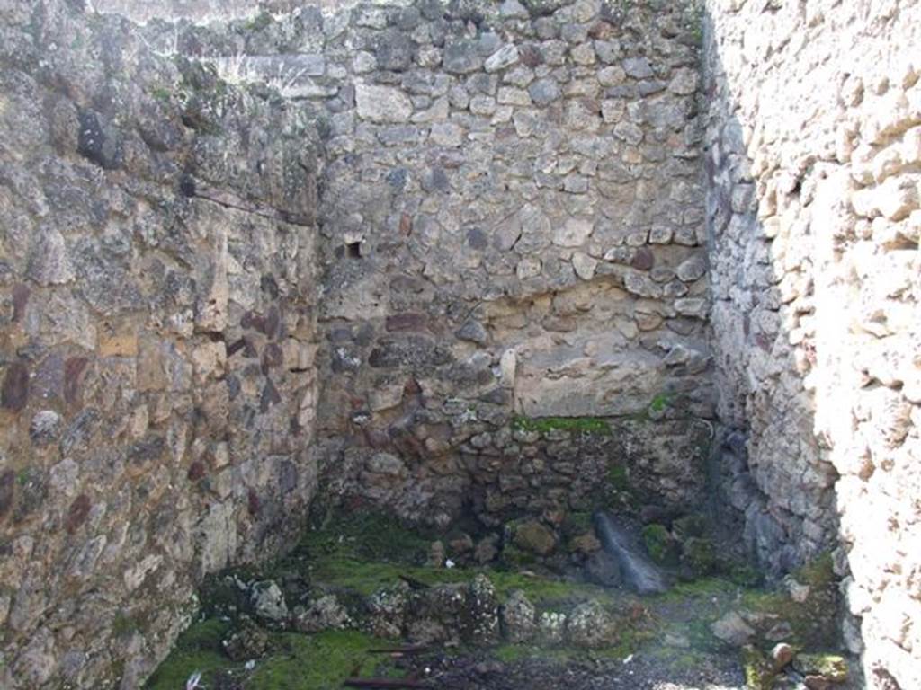 V.2.1 Pompeii. March 2009. Room 4, looking west towards the remains of west wall of the cubiculum, with latrine e at its rear. 
It now looks like it is all of the same room but would have been a separate latrine reached by a door, now blocked, which can be seen in the south wall, see V.2.a. The doorway would have been on the north side of corridor d. 


