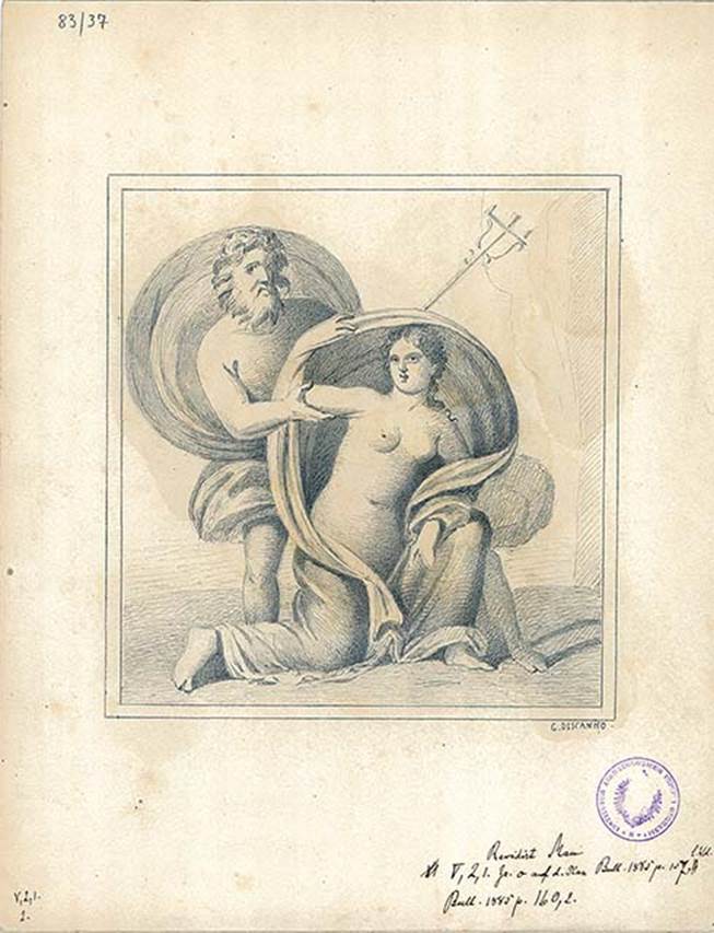 V.2.1 Pompeii. Room 8, south wall. Drawing by G. Discanno of painting of Neptune and Amymone. 
DAIR 83.37. Photo  Deutsches Archologisches Institut, Abteilung Rom, Arkiv. 

