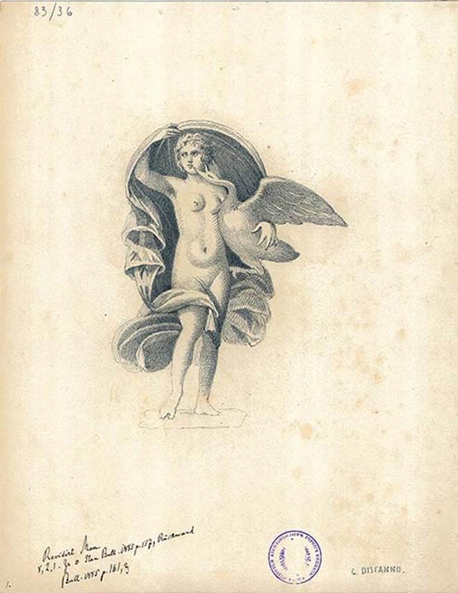 V.2.1 Pompeii. Room 8, design by G. Discanno showing Leda and the swan from the centre of the west wall.
DAIR 83.36. Photo  Deutsches Archologisches Institut, Abteilung Rom, Arkiv. 
