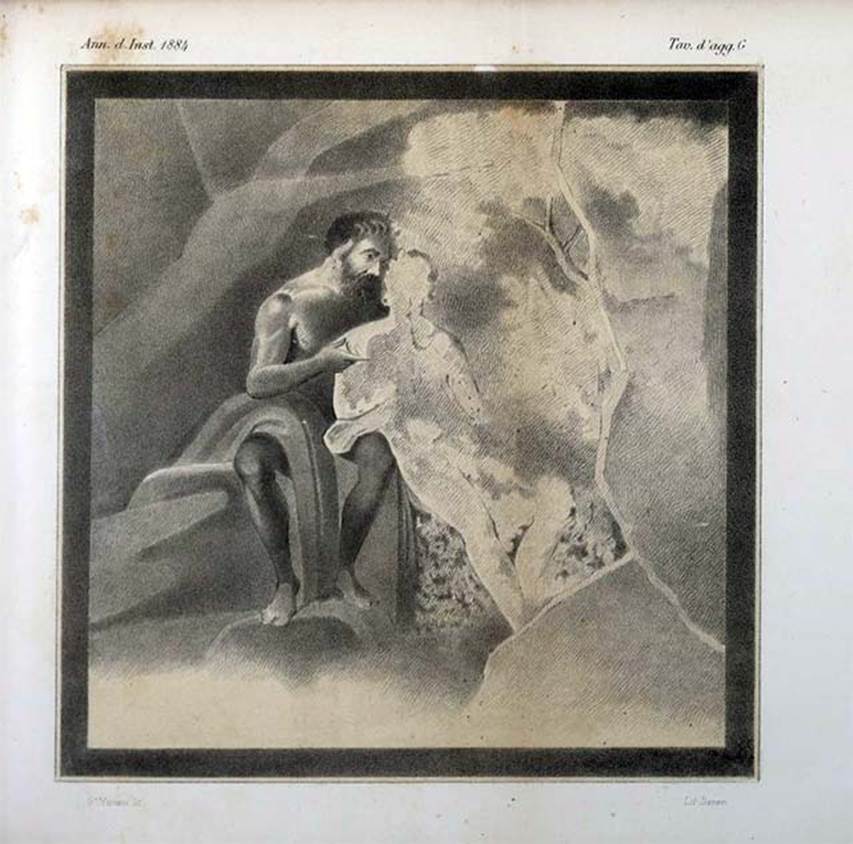 V.2.1 Pompeii. Room 9, detail of wall painting on west wall of Marsyas and Olympus.
This would appear to show Marsyas teaching Olympus to play the flute in a landscape seen with a tree, on the right.
See Annali dellInstituto di Corrispondenza Archeologica (DAIR), 1884, Tav. G.

