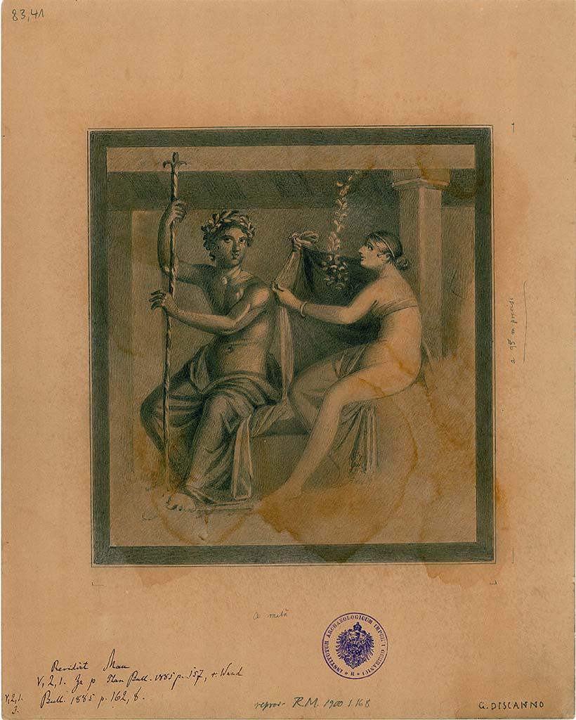 V.2.1 Pompeii. Room 9, north wall, painting by G. Discanno of Danae and Zeus.  
DAIR 83.41. Photo  Deutsches Archologisches Institut, Abteilung Rom, Arkiv. 
