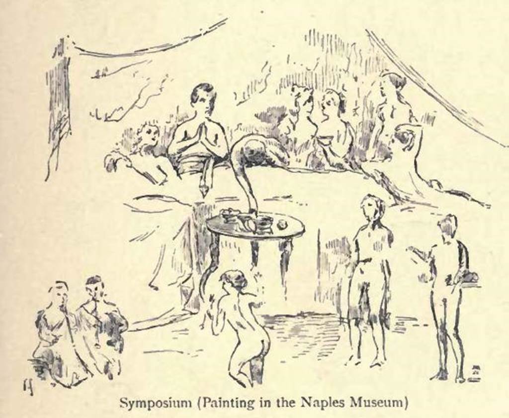 V.2.4 Pompeii. Room 15, drawing of the painting of banqueting scene from west wall of triclinium.
According to Gusman, this picture was in a very bad state of preservation.
It showed a naked woman dancing before the guests to the sound of flutes played by tibicines seated on the floor.
Wine flowed freely, and one of the guests claps his hands.
See Gusman, P. (1900). Pompei, the city, its life and art, (p.313)
