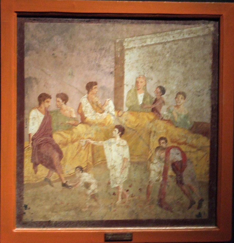 V.2.4 Pompeii. Room 15, painting of banqueting scene from east wall of triclinium. 
End of the Banquet. The guests are rising but one of them cannot stand up without assistance.
Now in Naples Archaeological Museum. Inventory number 120029.
See Ruesch A., Ed, 1909. Illustrated Guide to the National Museum in Naples. Naples: Richter. (p. 114-5).
See Richardson, L., 2000. A Catalog of Identifiable Figure Painters of Ancient Pompeii, Herculaneum. Baltimore: John Hopkins (p.176, 178) 
See Fröhlich, T., 1991. Lararien und Fassadenbilder in den Vesuvstädten. Mainz: von Zabern. Taf. 20,2.
See Gusman, P. (1900). Pompei, the city, its life and art, (p.313).

