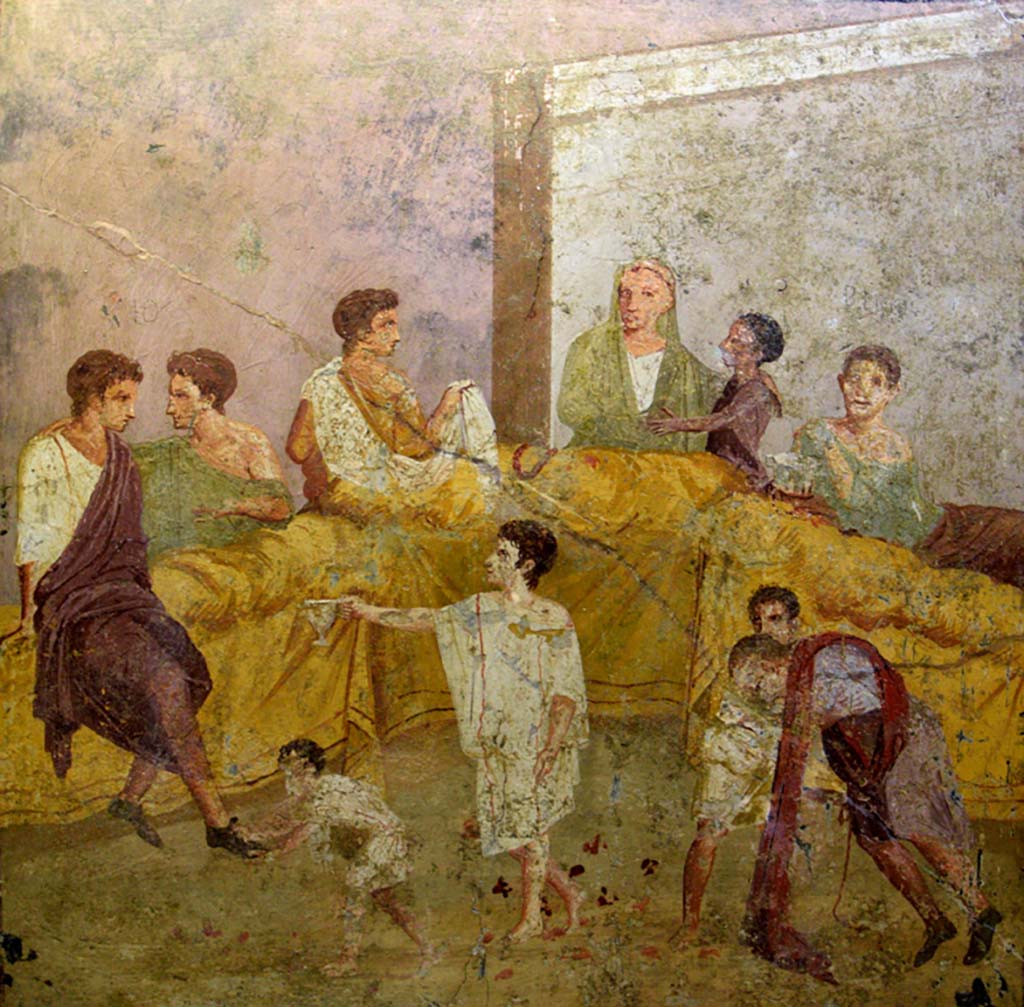 V.2.4 Pompeii. June 2017. Room 15, painting of banqueting scene from east wall of triclinium. Photo courtesy of Johannes Eber.

