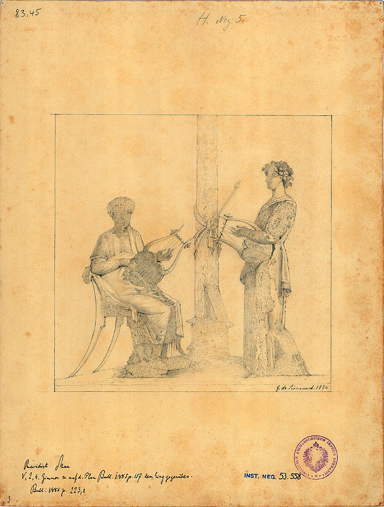 V.2.4 Pompeii. 1884. Room 17, centre of east wall. Drawing by G. de Simone of painting of Pindar and Corrina.
DAIR 83.45. Photo  Deutsches Archologisches Institut, Abteilung Rom, Arkiv. 
