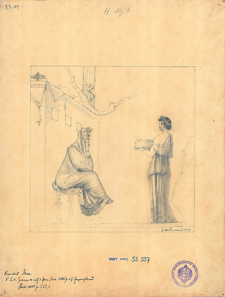 V.2.4 Pompeii. Room 17, west wall. 1884 drawing by G. de Simone of painting identified as Sappho (seated) and female figure.
See Carratelli, G. P., 1990-2003. Pompei: Pitture e Mosaici: Vol. III. Roma: Istituto della enciclopedia italiana, p. 823.
DAIR 83.44. Photo  Deutsches Archologisches Institut, Abteilung Rom, Arkiv. 
