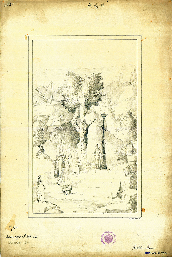 V.2.10 Pompeii. Room 9, cubiculum, south wall. 
19th century drawing by G. Discanno of wall painting of Diana-Isis with Hippolytus and hunters.
DAIR 83.51. Photo © Deutsches Archäologisches Institut, Abteilung Rom, Arkiv.
