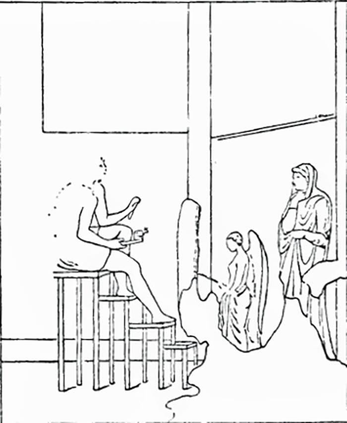 V.2.10 Pompeii. Room 5, triclinium, east (rear) wall. 
1890 drawing of painting of Pasiphae in the workshop of Daedalus.
See Mitteilungen des Kaiserlich Deutschen Archaeologischen Instituts, Roemische Abtheilung Volume XXVI, 1890, p. 261.
