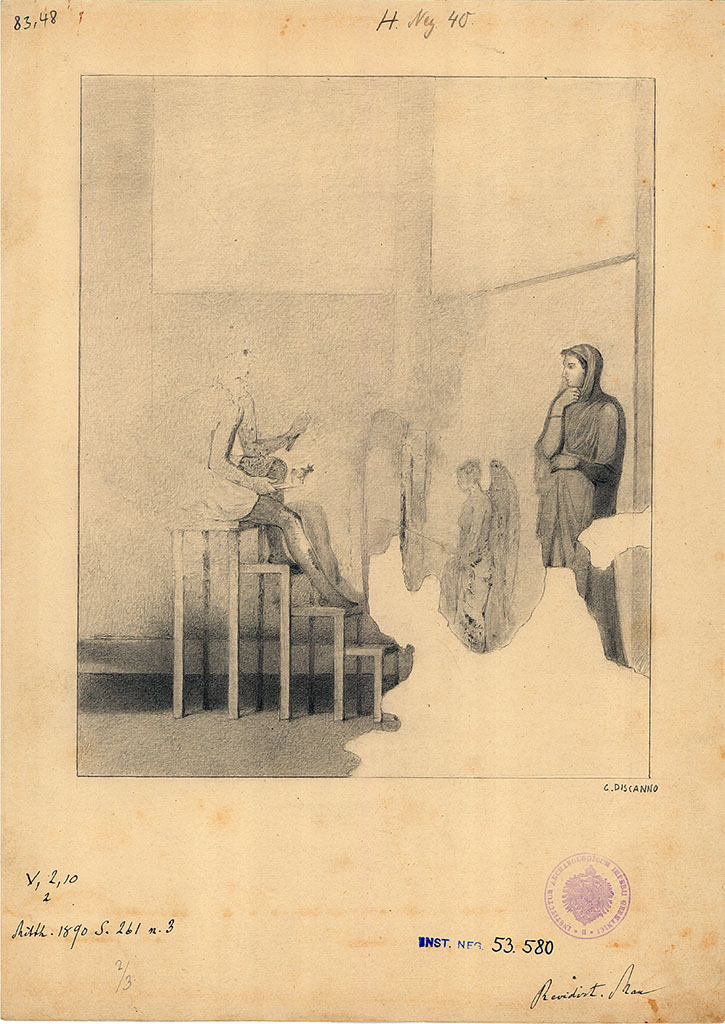 V.2.10 Pompeii. Room 5, triclinium, east (rear) wall. 
19th century drawing by G. Discanno of painting of Pasiphae in the workshop of Daedalus.
DAIR 84.48. Photo © Deutsches Archäologisches Institut, Abteilung Rom, Arkiv. 

