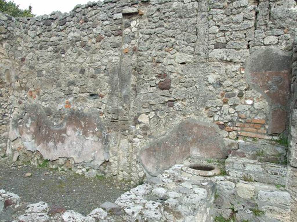 V.2.13 Pompeii. March 2009. East wall of thermopolium. According to Packer, in the south-east corner the remains of the high red dado can be seen. This emphasised the white plaster which would have been above. See Packer, Jim, “Inns at Pompeii” in Cronache Pompeiane, No.4, 1978, (p.32-3)
