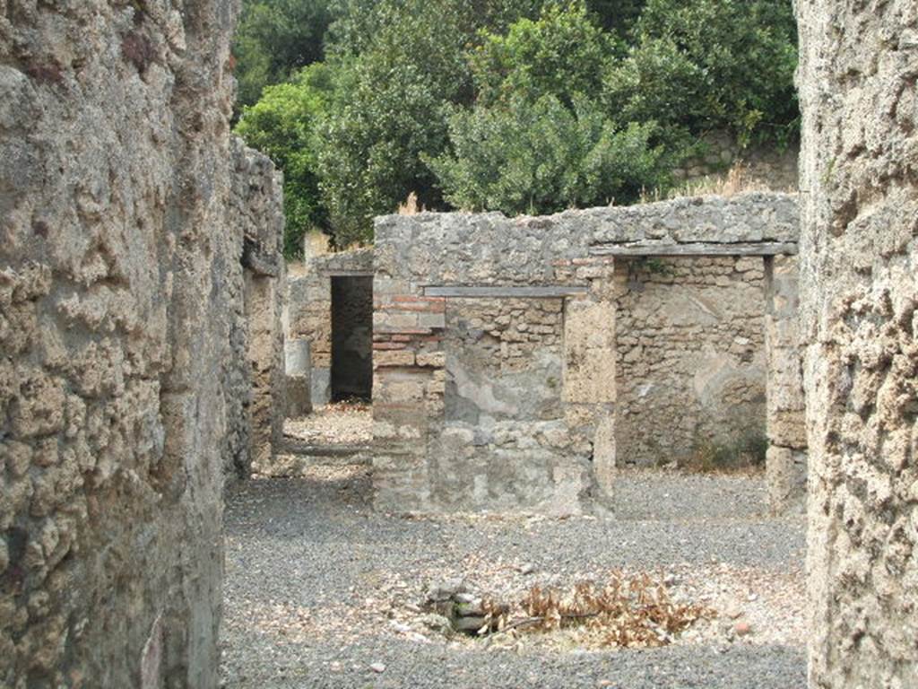 V.2.15 Pompeii. May 2005. Entrance corridor leading to atrium.  According to NdS, the walls of the atrium were painted with yellow and purple panels, the same as the entrance corridor. In the middle of the atrium was an impluvium. This atrium was without side rooms.
Against the east wall was the staircase to the upper floor, and the atrium was linked with the shop at V.2.16 by a doorway in its south-east corner.
