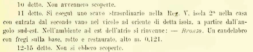 V.2.21 Pompeii. Large room on south side of entrance corridor. 
According to NdS,
“11th April 1894. Found in the room to the east of the atrium was –
Bronze - A candelabrum with friezes on the base, broken and restored, 0.121m. high.”
See Notizie degli Scavi di Antichità, 1894, p. 177, 11th April.

