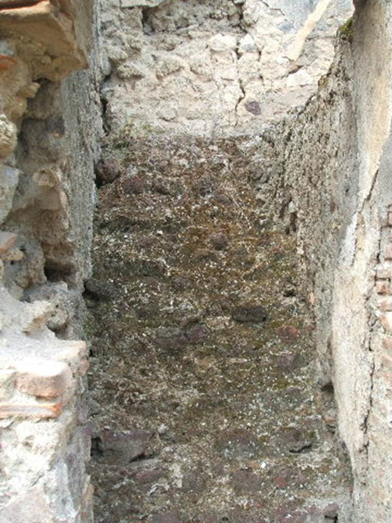 V.2.e Pompeii. May 2005. Steps to upper floor.
On January 24th 1884 there were found three great circular bronze amphitheatre trumpets (tubae), the circumference 4.12 m., and a diameter of 1.20 m. approximately. At 0.63 m. from the bell there was soldered a cylinder, which corresponded to another 0.70m. from the mouthpiece.
These were used to hold the ends of the wooden cross, which rested on the shoulder, as seen in the figure of the gladiator who plays a similar trumpet, in one of the paintings now destroyed the podium of the amphitheatre. 
Near the mouth was a large bronze wire, in two trumpets bronze and in one iron, which was fixed to the wooden cross piece. They were broken in some parts when discovered, but with easy restoration would be put back in pristine condition.
See Notizie degli Scavi di Antichità, 1884, p. 52-3.

