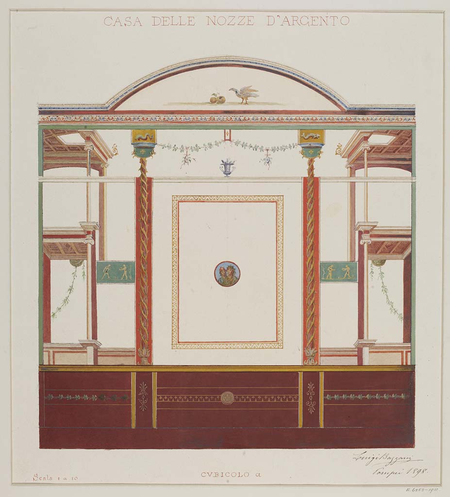V.2.i Pompeii. 1898. Watercolour by Luigi Bazzani, showing painted wall decoration, (described as cubiculum “a”).
Photo © Victoria and Albert Museum, inventory number E.6253-1910.
