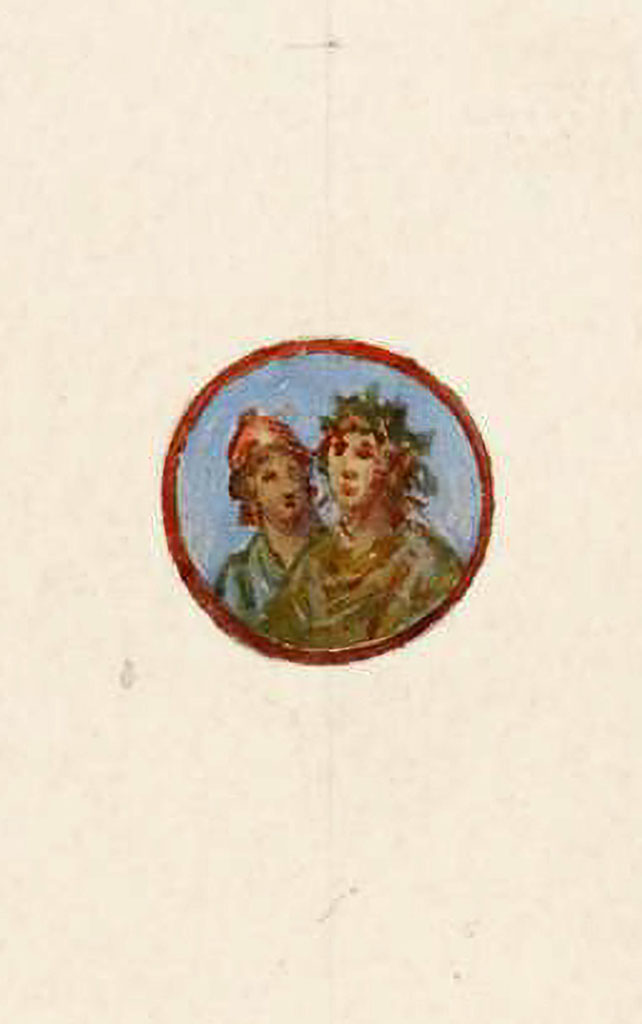V.2.i Pompeii. 1898. Room 4, painted portrait medallion roundel from north wall showing two figures.
Detail from watercolour by Luigi Bazzani, showing painted wall decoration, (described as cubiculum “a”).
Photo © Victoria and Albert Museum, inventory number E.6253-1910.
