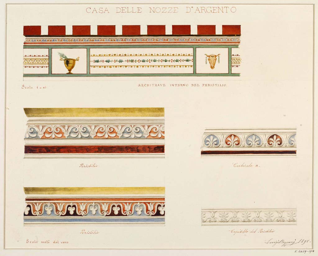 V.2.i Pompeii. 1898. Watercolour by Luigi Bazzani, showing painted decoration from Cubiculum “a”, on right.
On the left are decorations from the peristyle.
Photo © Victoria and Albert Museum, inventory number E.6259-1910.
