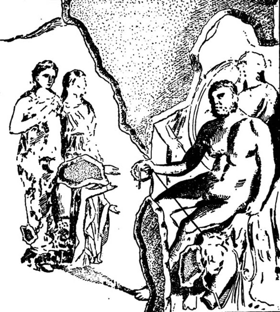 V.2.i Pompeii.  1893.  Room 9, remains of wall painting on east wall. Sketch of painting of Hercules and Hesione with the young Priam. See Mau, A., 1893. Mitteilungen des Kaiserlich Deutschen Archaeologischen Instituts, Roemische Abtheilung Volume VIII. (p. 42ff)