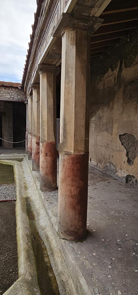 V.2.i Pompeii. December 2023.
Room 23, looking south along columns on the west side of peristyle. 
Photo courtesy of Miriam Colomer.

